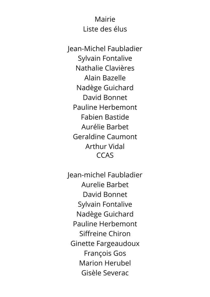 Listes des élus Jean-Michel Faubladier Sylvain Fontalive Nathalie Clavieres Alain Bazelle Nadège Guichard David Bonnet Fabien Bastide Aurélie Barbet Geraldine Caumont Arthur Vidal